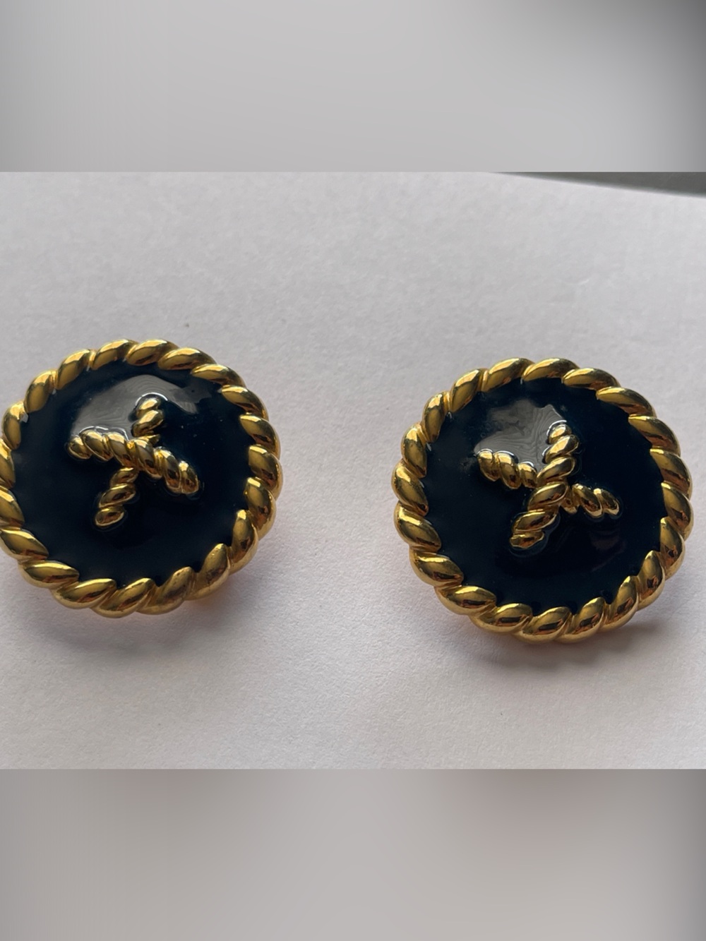 Piscitelli Gold and Navy Rope-Trim Button Earrings - Women Jewelry Clip